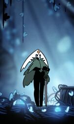  2021 2_horns ambiguous_gender animated arthropod black_arms black_eyes black_hands black_legs cloak clothing digital_media_(artwork) fingers forehead_gem gem green_cloak green_clothing harrold_(latiar) hollow_knight horn latiar melee_weapon mouthless noseless outside solo sword team_cherry weapon 