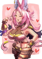  animal_ear_fluff animal_ears breasts duel_monster female gloves hatano_kiyoshi large_breasts long_hair midriff navel one_eye_closed pink_hair solo tail tri-brigade_ferrijit_the_barren_blossom v yellow_eyes yu-gi-oh! 