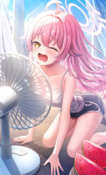  absurdres ahoge all_fours alternate_costume blue_archive camisole cloud cloudy_sky commentary_request day electric_fan female floating_hair food fruit hair_between_eyes hair_flaps halo highres hoshino_(blue_archive) huge_ahoge looking_at_viewer one_eye_closed pink_hair pink_halo ppudang short_shorts shorts sky solo sweat watermelon watermelon_slice white_camisole yellow_eyes 