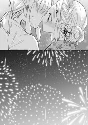  1boy blush braid couple crown_braid earrings female fireworks flower greyscale hair_between_eyes hair_bun hair_flower hair_ornament hair_tie hairclip highres japanese_clothes jewelry kimono kissing link low_ponytail medium_hair monochrome parted_bangs pointy_ears princess_zelda screentones sidelocks straight sweatdrop the_legend_of_zelda the_legend_of_zelda:_breath_of_the_wild thick_eyebrows upper_body wide-eyed zmauuchan 