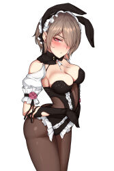  absurdres adapted_costume animal_ears black_gloves black_leotard black_pantyhose blush bovine breasts brown_hair cleavage closed_mouth detached_sleeves fake_animal_ears female gloves hair_over_one_eye highleg highleg_leotard highres honkai_(series) honkai_impact_3rd large_breasts leotard looking_at_viewer mole mole_under_eye pantyhose playboy_bunny rabbit_ears red_eyes rita_rossweisse rita_rossweisse_(umbral_rose) ruo_zhishi_chu_jian short_hair solo white_background 