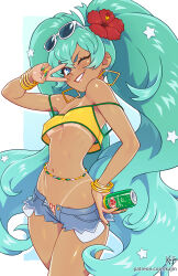  aqua_hair borrowed_design brazilian_miku breasts dark-skinned_female dark_skin earrings eyewear_on_head female flower hair_flower hair_ornament hatsune_miku highres jewelry kajin_(kajinman) long_hair navel open_clothes open_shorts pubic_tattoo shirt shorts solo sunglasses swimsuit tan tanlines tattoo twintails vocaloid yellow_shirt 