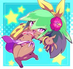  barefoot beachhime bikini bracelet breasts female flower green_hair hair_flower hair_ornament high_ponytail innertube jewelry long_hair looking_at_viewer multicolored_hair navel nollety open_mouth pink_eyes sarong solo star_(symbol) striped_bikini striped_clothes swim_ring swimsuit tan two-tone_hair youkai_(youkai_watch) youkai_watch youkai_watch:_punipuni 