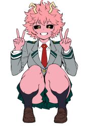  ashido_mina black_sclera blazer boku_no_hero_academia colored_sclera colored_skin double_horizontal_stripe double_v female green_skirt grey_jacket highres horns jacket kneehighs looking_at_viewer necktie open_mouth parallaxfused pink_hair pink_skin red_necktie school_uniform short_hair simple_background skirt smile socks solo squatting teeth u.a._school_uniform v white_background yellow_eyes 