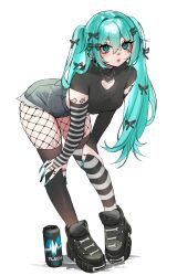  absurdres alternate_costume aqua_eyes aqua_hair aqua_nails asymmetrical_legwear asymmetrical_sleeves bent_over black_footwear black_shirt bow can chains cleavage_cutout clothing_cutout denim denim_shorts detached_sleeves energy_drink eyebrow_cut female goth_fashion hairbow hand_tattoo hatsune_miku heart_cutout highres horizontal-striped_sleeves horizontal-striped_socks mismatched_legwear mismatched_sleeves multiple_hair_bows nemuaki nose_piercing nose_ring piercing pigeon-toed russia shirt short_shorts shorts shoulder_tattoo socks solo striped_clothes striped_socks tattoo thighs twintails vocaloid white_background 