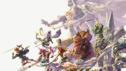  4girls 5boys arrow_(projectile) blonde_hair bow_(weapon) cloak dual_wielding goron highres holding holding_trident link long_hair master_sword mineru_(zelda) multiple_boys multiple_girls official_art outstretched_arm pointy_ears polearm princess_zelda rauru_(tears_of_the_kingdom) red_hair riju rito scimitar sidon sonia_(zelda) sword the_legend_of_zelda the_legend_of_zelda:_tears_of_the_kingdom third-party_source trident tulin_(zelda) very_long_hair weapon winged_arms wings yunobo zonai zora 