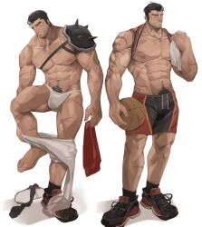  1boy abs alternate_costume armor bara beard beard_stubble biceps black_hair bulge closed_eyes clothes_lift darius_(league_of_legends) dunkmaster_darius facial_hair highres league_of_legends lixiao6342 male_focus male_underwear manly mature_male muscular muscular_male nipples official_alternate_costume pectorals pubic_hair scar shirt_lift shoes shorts shoulder_armor sneakers socks solo spiked_armor stubble tank_top thick_arms thick_eyebrows thick_thighs thighs underwear white_background white_hair 