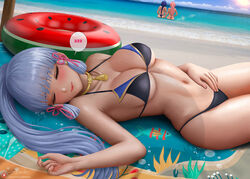  alexander_dinh beach bikini female female_focus genshin_impact grey_hair kamisato_ayaka laying_down laying_on_back raiden_shogun sleeping tagme text_bubble yae_miko zzz 