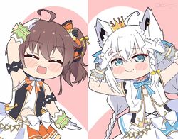  2girls alternate_costume animal_ears arm_strap armpits arms_up artist_name blush braid brown_hair chibi closed_eyes commentary crown double_v failure fox_ears fox_girl fox_tail gloves green_eyes heart heart_arms_duo heart_background hololive hololive_idol_uniform idol kukie-nyan long_hair midriff mini_crown multiple_girls natsuiro_matsuri navel official_alternate_costume one_side_up open_mouth shirakami_fubuki sidelocks single_braid smile smug symbol-only_commentary tail twin_braids v virtual_youtuber white_gloves white_hair 