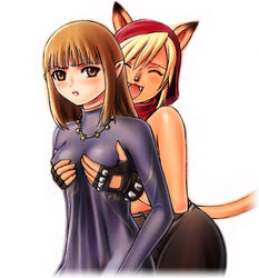  2girls :3 :d ^_^ adventurer_(ff11) animal_ears animal_nose annoyed bare_shoulders belt black_gloves black_pants blunt_bangs breasts brown_belt brown_eyes brown_hair cat_ears cat_girl cat_tail closed_eyes covered_nipples crossover dress dungeons_&amp;_dragons dungeons_&amp;_dragons:_shadow_over_mystara fangs final_fantasy final_fantasy_xi fingerless_gloves furrowed_brow gloves gnome gnome_shopkeeper_(d&amp;d:som) grabbing grabbing_another&#039;s_breast grabbing_from_behind hood hood_up jewelry long_hair long_sleeves looking_back medium_breasts mithra_(ff11) multiple_girls necklace open_mouth pants parted_lips pointy_ears purple_dress short_hair simple_background smile studded_gloves tail taisai_soft turtleneck turtleneck_dress white_background yuri 