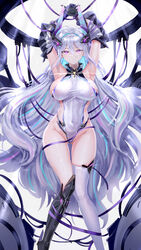  absurdres age_fx armpits arms_up asymmetrical_legwear azur_lane breasts commentary_request covered_navel female gloves hair_between_eyes hair_ornament highleg highleg_leotard highres impossible_clothes impossible_leotard kearsarge_(azur_lane) large_breasts leotard long_hair long_sleeves looking_at_viewer mechanical_gloves mismatched_legwear partial_commentary purple_eyes solo thighhighs thighs very_long_hair white_background white_hair white_leotard 