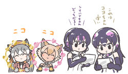  4girls african_penguin_(kemono_friends) animal_ears bare_shoulders beret black_hair black_jacket black_shirt bow bowtie choker closed_eyes collared_shirt coyote_(kemono_friends) elbow_gloves extra_ears fox_ears fox_girl fox_tail gloves green_eyes grey_hair hat headphones heart_o-ring high_collar humboldt_penguin_(kemono_friends) island_fox_(kemono_friends) jacket kemono_friends kemono_friends_v_project kotobuki_(tiny_life) microphone multicolored_hair multiple_girls necktie official_alternate_costume orange_hair orange_jacket penguin_girl pink_headwear shirt short_hair sleeveless spaghetti_strap tail translated twintails virtual_youtuber white_bow white_bowtie white_choker white_hair white_necktie white_shirt wolf_ears yellow_eyes yellow_gloves 