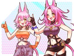  &gt;_o 2girls ;d animal_ear_fluff animal_ears bandeau bare_shoulders black_skirt blush boots breasts brown_gloves cat_day cat_ears cat_girl cat_tail cleavage clothes_around_waist collarbone commentary_request covered_collarbone cowboy_shot crop_top duel_monster ferret_ears ferret_girl fingerless_gloves gloves grey_jumpsuit hair_between_eyes hand_on_own_hip highres jumpsuit jumpsuit_around_waist kitt_(yu-gi-oh!) large_breasts long_hair looking_at_viewer medium_breasts midriff miniskirt multiple_girls navel oerba_yun_fang one_eye_closed open_mouth orange_bandeau orange_gloves p-b-c_(dark_matter_kakine) pencil_skirt pink_hair purple_bandeau short_hair siblings sidelocks sisters skin_fang skirt smile standing tail thigh_boots thumbs_up tri-brigade_ferrijit_the_barren_blossom tri-brigade_kitt white_background yellow_eyes yu-gi-oh! 