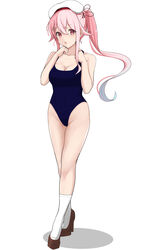  baji_toufuu_(bajitohfu) beret black_ribbon blue_hair blue_one-piece_swimsuit breasts brown_footwear cleavage collarbone female full_body gradient_hair hair_ornament hair_ribbon hairclip harusame_(kancolle) hat high_heels highres kantai_collection large_breasts long_hair multicolored_hair one-piece_swimsuit pink_eyes pink_hair ribbon school_swimsuit shoes side_ponytail simple_background socks solo swimsuit white_background white_hat white_socks 