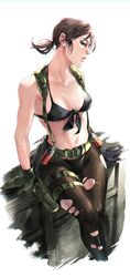  absurdres belt bikini black_bikini black_pantyhose blue_eyes breasts brown_hair collarbone crate explosive female front-tie_bikini_top front-tie_top gloves green_gloves grenade h_(nxbfn779) highres knife_sheath medium_breasts metal_gear_(series) metal_gear_solid_v:_the_phantom_pain navel nose pantyhose pouch quiet_(metal_gear) sheath short_hair short_ponytail single_glove sitting solo swimsuit thigh_gap thigh_pouch thigh_strap torn_clothes torn_pantyhose underboob 