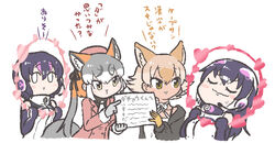  4girls african_penguin_(kemono_friends) animal_ears bare_shoulders beret black_hair black_jacket black_shirt bow bowtie choker closed_eyes collared_shirt coyote_(kemono_friends) elbow_gloves extra_ears fox_ears fox_girl fox_tail gloves green_eyes grey_hair hat headphones heart_o-ring high_collar humboldt_penguin_(kemono_friends) island_fox_(kemono_friends) jacket kemono_friends kemono_friends_v_project kotobuki_(tiny_life) microphone multicolored_hair multiple_girls necktie official_alternate_costume orange_hair orange_jacket penguin_girl pink_headwear shirt short_hair sleeveless spaghetti_strap tail translated twintails virtual_youtuber white_bow white_bowtie white_choker white_hair white_necktie white_shirt wolf_ears yellow_eyes yellow_gloves 