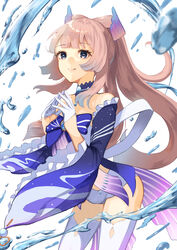  absurdres bao_(s_888) blue_bow blue_eyes bow bow-shaped_hair detached_collar female frilled_sleeves frills genshin_impact gloves hair_ornament half_gloves highres magical_girl pink_hair sangonomiya_kokomi short_shorts shorts smile solo thighhighs water white_gloves white_shorts white_thighhighs wide_sleeves 