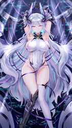  absurdres age_fx armpits arms_up asymmetrical_legwear azur_lane breasts commentary_request covered_navel female gloves hair_between_eyes hair_ornament highleg highleg_leotard highres impossible_clothes impossible_leotard kearsarge_(azur_lane) large_breasts leotard long_hair long_sleeves looking_at_viewer mechanical_gloves mismatched_legwear purple_eyes solo thighhighs thighs very_long_hair white_hair white_leotard 