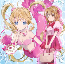  air_bubble armlet bag bead_bracelet bead_necklace beads blonde_hair blue_eyes blush bow bowtie bracelet brown_eyes brown_hair bubble dual_persona earrings female hairbow hano_luno highres holding holding_bag index_finger_raised jewelry long_hair looking_at_viewer magical_girl medium_hair mermaid mermaid_melody_pichi_pichi_pitch monster_girl nanami_lucia nanami_lucia_(mermaid) navel necklace parted_lips pleated_skirt puffy_short_sleeves puffy_sleeves school_bag school_uniform shell shell_bikini shell_earrings shell_necklace short_sleeves skirt smile twintails very_long_hair 