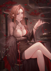  arm_under_breasts artist_name bare_legs blue_eyes breasts brown_hair chair chameleon_(path_to_nowhere) cleavage crossed_legs earrings feet_out_of_frame female hair_bun hair_ornament hand_up high-waist_dress highres jewelry ladywaltz large_breasts looking_at_viewer low-tied_medium_hair medium_hair nail_polish necklace official_alternate_costume path_to_nowhere red_lips red_nails sitting smile solo thighs 