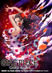  arms_up bashikou breasts commentary_request copyright_name dress earrings female floating_clothes floating_hair flower flower_in_mouth frilled_dress frills hair_flower hair_ornament hair_slicked_back highres jewelry large_breasts long_dress looking_back official_art one_piece one_piece_card_game petals red_eyes red_flower red_petals red_rose rose sideboob smoke turtleneck turtleneck_dress viola_(one_piece) 