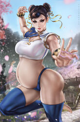  1girls absurd_res absurdres action_pose arched_back asian asian_female ass bangs bare_arms bare_shoulders bare_skin bare_stomach bare_thighs barefoot belly big_belly big_breasts big_thighs blouse blue_panties blue_thighhighs blue_underwear boob_window bracelet bracelets breasts brown_eyes brown_hair busty butt capcom cherry_blossoms child_bearing_hips chinese_clothes chinese_clothing chun-li cleavage cleavage_cutout clothed clothed_female clothing dandon_fuga feet female female_focus female_only hair_bun hair_buns high_resolution highres hips huge_belly large_belly large_breasts large_filesize leg_up legs legs_up midriff navel one_leg_up pale-skinned_female pale_skin panties pose posing pregnant pregnant_belly pregnant_female round_belly shirt solo solo_female solo_focus standing standing_on_one_leg street_fighter street_fighter_6 thick_thighs thighhighs thighs thunder_thighs toned toned_body toned_female underwear very_high_resolution white_blouse white_clothing white_shirt 