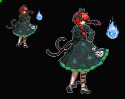  animal_ears bad_id bad_twitter_id black_background black_bow black_footwear bow cat_ears cat_tail closed_mouth dress female floating_skull from_behind full_body hairbow hand_on_own_hip kaenbyou_rin long_hair looking_at_viewer multiple_views namako_daibakuhatsu no_socks pixel_art profile red_eyes red_hair shoes simple_background smile standing tail touhou twintails 