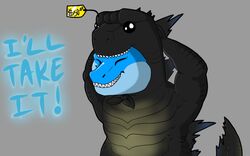  16:10 blue_body blue_skin clothing costume crocodile crocodilian crocodylid dahurgthedragon english_text fursuit glistening godzilla godzilla_(series) happy male muscular pose price_tag reptile scales scalie simple_background smile smith_(ragin_cajun) spines text toho widescreen 