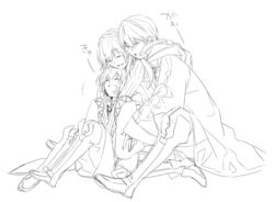  1boy 2girls ahoge blush closed_eyes commentary_request father_and_daughter fire_emblem fire_emblem_awakening gloves greyscale hood hooded_jacket hug iwatsuki jacket long_hair lucina_(fire_emblem) monochrome morgan_(female)_(fire_emblem) morgan_(fire_emblem) multiple_girls open_mouth robin_(fire_emblem) robin_(male)_(fire_emblem) short_hair smile 