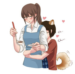  2girls animal_ears apron black_hair blush brown_hair closed_eyes commentary_request cooking cropped_torso dog_ears dog_tail extra_ears heart height_difference holding hug hug_from_behind kemonomimi_mode kissing kissing_back komano_hina ladle long_hair multiple_girls okujou_no_yurirei-san open_mouth rin.hayashiki short_hair short_sleeves simple_background sleeves_rolled_up tail toomi_yuna white_background yuri 