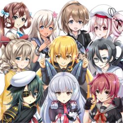  :d amagiri_(kantai_collection) anniversary asagumo_(kantai_collection) beret black_gloves black_hair blonde_hair blue_eyes bow brown_hair cape commentary_request curly_hair drill_hair eyepatch fingerless_gloves glasses gloves hair_ribbon hairbow harusame_(kantai_collection) hat hatakaze_(kantai_collection) headgear highres intrepid_(kantai_collection) kantai_collection kinu_(kantai_collection) kiso_(kantai_collection) long_hair looking_at_viewer meiji_schoolgirl_uniform multiple_girls murakumo_(kantai_collection) open_mouth orange_eyes pink_hair ponytail red_hair remodel_(kantai_collection) ribbon ro-500_(kantai_collection) satsuki_(kantai_collection) school_swimsuit school_uniform serafuku short_hair side_ponytail silver_eyes silver_hair simple_background smile sparkle swimsuit swimsuit_under_clothes tan tanline tk8d32 twintails white_background yellow_eyes 