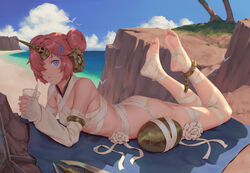  bandaged_arm bandaged_leg bandages barefoot beach beach_towel bigrbear blue_eyes blue_sky bubble_tea cloud commentary cup day detached_sleeves disposable_cup double_bun drinking_straw fate/grand_order fate_(series) feet female frankenstein&#039;s_monster_(fate) frankenstein&#039;s_monster_(swimsuit_saber)_(fate) frankenstein&#039;s_monster_(swimsuit_saber)_(third_ascension)_(fate) hair_bun hair_ornament hair_over_one_eye hairclip heterochromia highres holding holding_cup horns legs_up lying mechanical_horns ocean on_stomach outdoors palm_tree pink_hair single_detached_sleeve single_horn sky sleeves_past_wrists soles solo the_pose toes towel tree water yellow_eyes 