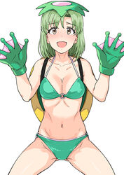  :d ass_visible_through_thighs bikini blush breasts brown_eyes cleavage collarbone commentary_request cowboy_shot female gloves green_bikini green_gloves green_hair groin halterneck highres idolmaster idolmaster_(classic) idolmaster_stella_stage kappa looking_at_viewer medium_breasts mole mole_under_eye navel o-ring o-ring_bikini open_mouth shiika_(idolmaster) short_hair simple_background smile solo standing swimsuit tsurui white_background 