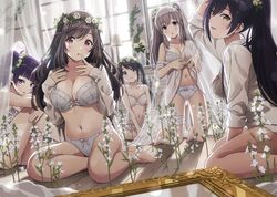  5girls backlighting bandages bare_shoulders black_hair blue_eyes blush bra breasts brown_eyes brown_hair cleavage closed_mouth collared_shirt commentary_request curtains diagonal_bangs dress_shirt flower grey_hair head_wreath high_ponytail highres idolmaster idolmaster_shiny_colors kneeling l&#039;antica_(idolmaster) large_breasts long_hair looking_at_viewer mitsumine_yuika multiple_girls navel no_eyewear open_clothes open_mouth open_shirt panties ponytail purple_eyes purple_hair shirase_sakuya shirt sidelocks small_breasts smile sonsoso swept_bangs tanaka_mamimi thighs tsukioka_kogane twintails underwear white_bra white_panties white_shirt window yellow_eyes yukoku_kiriko 