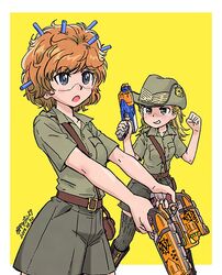  2girls artist_name bag blonde_hair blue_eyes boots collarbone commentary_request dated dual_wielding girls_und_panzer green_eyes hand_up hat holding ichinana_(dametetujin17) kamonohashi_(girls_und_panzer) koala_forest_military_uniform long_hair messy_hair multiple_girls nerf_dart nerf_gun orange_hair ponytail safety_glasses short_hair short_sleeves shorts slouch_hat smile socks standing thighhighs toy wallaby_(girls_und_panzer) white_background yellow_background 