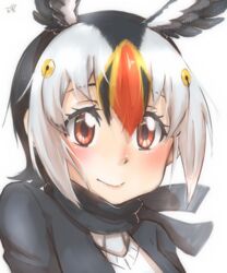  atlantic_puffin_(kemono_friends) black_hair black_jacket black_scarf blonde_hair commentary_request feathered_wings female hair_between_eyes head_wings highres jacket kemono_friends looking_at_viewer multicolored_hair red_eyes red_hair scarf short_hair signature simple_background smile solo thin_(suzuneya) upper_body white_background white_hair wings 