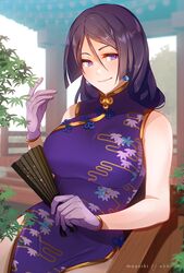  bare_shoulders blush breasts china_dress chinese_clothes closed_mouth commentary_request dress earrings ebbilin fate/grand_order fate_(series) female floral_print folding_fan gloves hair_between_eyes hand_fan jewelry large_breasts long_hair looking_at_viewer minamoto_no_raikou_(fate) minamoto_no_raikou_(traveling_outfit)_(fate) parted_bangs pelvic_curtain purple_dress purple_eyes purple_gloves purple_hair side_slit smile solo very_long_hair 