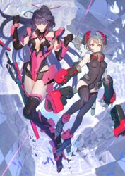  2girls ahoge bad_id bad_pixiv_id black_hair braid bronya_zaychik bronya_zaychik_(black_nucleus) commentary_request drill_hair elbow_gloves fingerless_gloves frown gauntlets gloves grey_hair grin hair_ornament hairclip headgear high_heels highres honkai_(series) honkai_impact_3rd leotard long_hair looking_at_viewer looking_down multiple_girls panko_(drive_co) ponytail purple_eyes purple_hair raiden_mei raiden_mei_(crimson_impulse) red_eyes skin_tight smile thighhighs twin_drills very_long_hair 