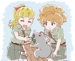  2girls belt blonde_hair blue_background blunt_bangs closed_eyes collarbone commentary_request eating feeding girls_und_panzer hand_on_knees kamonohashi_(girls_und_panzer) koala koala_forest_military_uniform long_hair messy_hair multiple_girls open_mouth orange_hair ponytail short_hair short_sleeves shorts simple_background smile ta_(ta-work-style) tree_stump wallaby_(girls_und_panzer) 