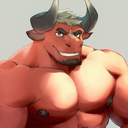  1:1 2018 abs anthro biceps bovid bovine bozi cattle darius_(kemo_coliseum) dudedle facial_hair fur hair hi_res horn kemo_coliseum male mammal muscular muscular_anthro muscular_male nipples pecs red_body red_eyes red_fur smile solo 