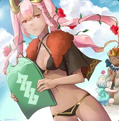  1boy 2girls bikini blue_hair blue_sky closed_eyes closed_mouth cloud commentary_request dark-skinned_male dark_skin day fire_emblem fire_emblem_heroes flower from_side fur_trim gradient_hair hair_flower hair_ornament helbindi_(fire_emblem) helbindi_(summer)_(fire_emblem) laevatein_(fire_emblem) laevatein_(summer)_(fire_emblem) long_hair multicolored_hair multiple_girls navel one-piece_swimsuit open_mouth orange_hair outdoors pink_hair plant red_eyes robaco sand_castle sand_sculpture short_hair short_sleeves sky squatting swimsuit twintails twitter_username vines white_hair wreath ylgr_(fire_emblem) ylgr_(summer)_(fire_emblem) 