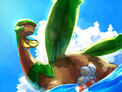  afloat bagon bandana closed_eyes closed_mouth cloud commentary_request day highres kikuyoshi_(tracco) lifebuoy lying no_humans oerba_yun_fang on_back outdoors pokemon pokemon_(creature) relaxing sky swim_ring tropius water 