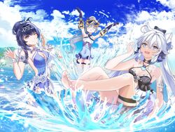  3girls ahoge animal_ears armpits arms_up bare_shoulders beach bikini blue_one-piece_swimsuit blue_sky breasts bronya_zaychik bronya_zaychik_(herrscher_of_truth) casual_one-piece_swimsuit cat_ears chocola_s cleavage cleavage_cutout closed_mouth clothing_cutout cloud cloudy_sky covered_navel dress goggles goggles_on_head grey_hair hair_ornament highres honkai_(series) honkai_impact_3rd innertube kiana_kaslana kiana_kaslana_(herrscher_of_finality) long_hair multiple_girls navel one-piece_swimsuit one_eye_closed open_mouth outdoors ponytail purple_dress purple_eyes raiden_mei raiden_mei_(herrscher_of_origin) sky smile soles swim_ring swimsuit toes very_long_hair water white_hair 