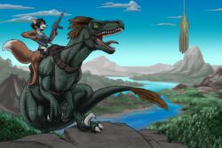  2023 3:2 anthro ark_survival_evolved black-kitten bridle canid canine clothed clothing detailed_background digital_media_(artwork) dinosaur dromaeosaurid duo extinct female feral fur gun hair hi_res male mammal prehistoric_species ranged_weapon reins reptile riding riding_on_back saddle scalie theropod utahraptor weapon 