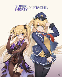  2girls :d alternate_costume ark_john_up bare_shoulders black_gloves black_nails black_pantyhose black_ribbon black_thighhighs blonde_hair blue_eyes blue_jacket blue_skirt blush bodystocking breasts character_name chuunibyou closed_mouth collared_shirt commentary_request cosplay costume_switch cowboy_shot cropped_legs eyepatch fischl_(genshin_impact) fischl_(genshin_impact)_(cosplay) garter_straps genshin_impact girls&#039;_frontline gloves gradient_background green_eyes grey_background hair_over_one_eye hair_ribbon hand_up hat height_difference jacket long_hair looking_at_viewer miniskirt multiple_girls necktie open_clothes open_jacket open_mouth pantyhose pleated_skirt red_necktie ribbon shirt single_thighhigh skirt small_breasts smile super-shorty_(girls&#039;_frontline) super-shorty_(girls&#039;_frontline)_(cosplay) thighhighs two_side_up 