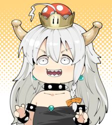  :d black_dress blush bow bowsette bowsette_(cosplay) bracelet braid chibi collar commentary cosplay dress earrings female hairbow halftone halftone_background horns hoshi_syoko idolmaster idolmaster_cinderella_girls jewelry long_hair looking_at_viewer mario_(series) new_super_mario_bros._u_deluxe open_mouth orange_bow sharp_teeth smile solo spiked_bracelet spiked_collar spikes strapless strapless_dress super_crown symbol-only_commentary takato_kurosuke teeth upper_body white_eyes white_hair 