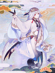  bad_source bird bird&#039;s_nest_soup_(food_fantasy) bird_on_hand clothing_request earrings egasumi female food_fantasy full_body grey_hair highres japanese_clothes jewelry leg_up long_hair long_sleeves looking_at_viewer mamusya mole mole_under_eye official_art pale_skin red_eyes second-party_source shirt skirt solo tassel tassel_earrings very_long_hair white_shirt white_skirt wide_sleeves 