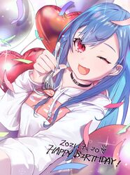  absurdres balloon black_choker blue_hair blue_nails breasts choker confetti dated female fork hair_behind_ear happy_birthday heart_balloon highres holding holding_fork hood hoodie long_hair nijisanji nishizono_chigusa nishizono_chigusa_(2nd_costume) oerba_yun_fang one_eye_closed rann_ou red_eyes skin_fang small_breasts smile solo virtual_youtuber white_background white_hoodie 