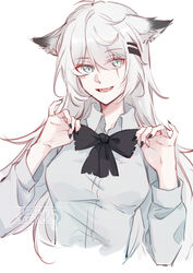  absurdres alternate_costume animal_ears arknights artist_name black_bow black_bowtie black_nails bow bowtie breasts chinese_commentary collared_shirt cropped_torso dress_shirt female gemi_25 grey_eyes hair_between_eyes hair_ornament hairclip highres lappland_(arknights) long_hair long_sleeves looking_at_viewer medium_breasts nail_polish open_mouth sample_watermark scar scar_across_eye sharp_teeth shirt simple_background smile solo teeth torn_bowtie upper_body upper_teeth_only watermark white_background white_hair white_shirt wing_collar wolf_ears 