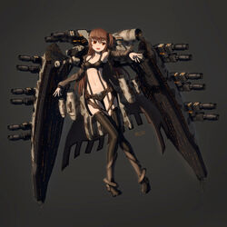  absurdres angel_cartel_(eve_online) artist_name attack_ship_(eve_online) bare_shoulders battleship_(eve_online) belt black_bra black_footwear black_panties black_thighhighs bra breasts brown_belt brown_hair cannon commentary_request engine english_commentary eve_online fangs female full_body gatling_gun glowing grey_background gun hair_between_eyes highres legs_together long_hair long_sleeves machariel_(eve_online) machinery mcrc_science mecha_musume minmatar_republic_(eve_online) mixed-language_commentary navel open_clothes open_mouth original outstretched_arm panties personification photoshop_(medium) pirate_faction_(eve_online) red_eyes science_fiction small_breasts solo spacecraft stomach teeth thigh_gap thighhighs thighs thrusters tongue turret underwear upper_teeth_only weapon 